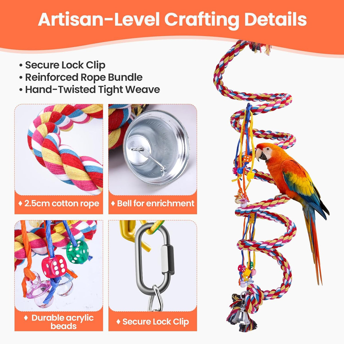 110" Ultra Long Bird Rope Perch Toys for Macaws. Heavy Duty Climbing Swing