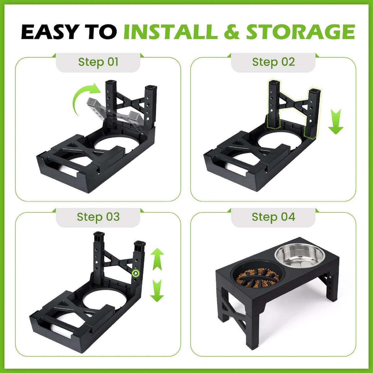 Elevated Dog Bowls - 5 Adjustable Heights Stand, 2 Stainless Steel Bowls & 1 Slow Feeder, 3.2" to 12.2" for Small to Large Dogs, Black