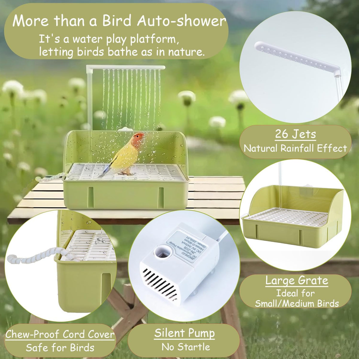 Bird Bath, Automatic Parrot Shower Bath with Pump, Birds Shower Bathtub with Running Water, Birdcage, Medium Birds Parakeets Budgies Cockatiels Conures Finches Lovebirds