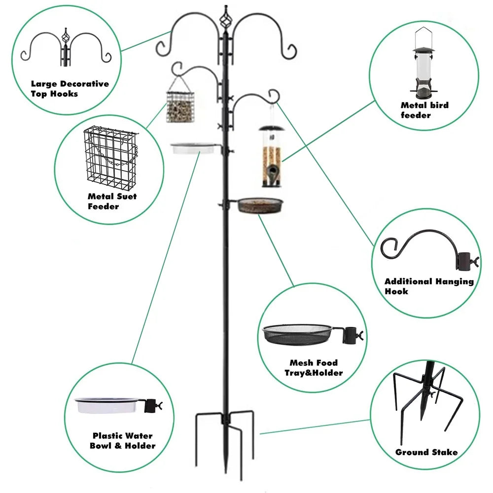 4-Hook Bird Feeding Station Bird Feeding Station Kit 92In Steel Tall Bird Feeder Poles with Bird Bath, Mesh Tray Suet Feeder