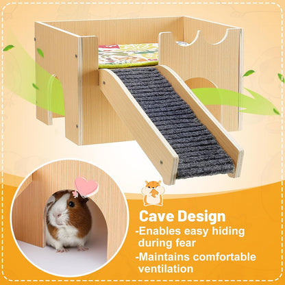 Upgraded Sturdy Wooden Guinea Pig Castle with Stairs & Mat