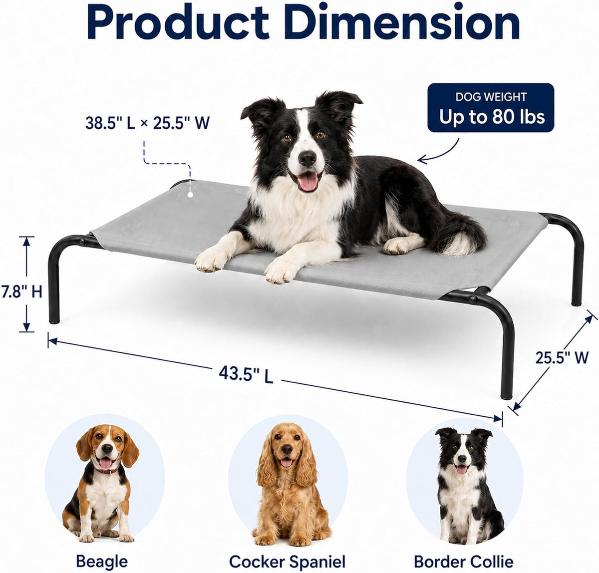 Heavy Duty Steel-Framed Portable Elevated Pet Bed, Elevated Cooling Pet Cot, 43.5" L X 25.5" W X 7.8" H(M, Grey)