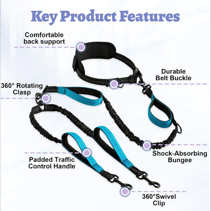 Hands Free Double Dog Leash for Two Dogs- No Tangle No Pull Dual Leash with Padded Adjustable Waist Belt & Reflective Stitching - Ideal for Running, Jogging, Hiking with Medium & Large Breeds