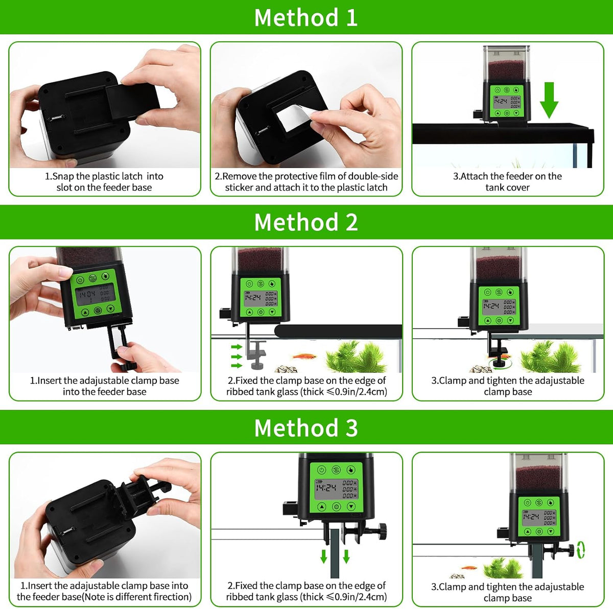 Automatic Fish Feeder for Aquarium with Timer, LCD Display 320ML Large Capacity Adjustable Fish Dispenser, Operated Feeders for Goldfish, Turtle for Vacation, Weekend or Daily Use(Green)