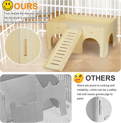 Large Guinea Pig Hideout, Upgraded Wooden Guinea Pig Castle with Guinea Pig Ramp, Easy to Assemble Guinea Pig House for Small Animal House Habitat or Hamster Hideout/Rabbit Hideout