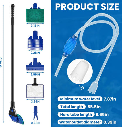 Aquarium Fish Tank Cleaning Tool Kit Include 4 Pcs Long Aquascape Tools Kit 1 Pcs Magnetic Glass Cleaner Brush 5 in 1 Fish Tank Gravel Cleaner and Siphon Vacuum for Terrarium Fish Tank Set