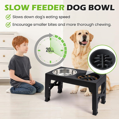 Elevated Dog Bowls - 5 Adjustable Heights Stand, 2 Stainless Steel Bowls & 1 Slow Feeder, 3.2" to 12.2" for Small to Large Dogs, Black