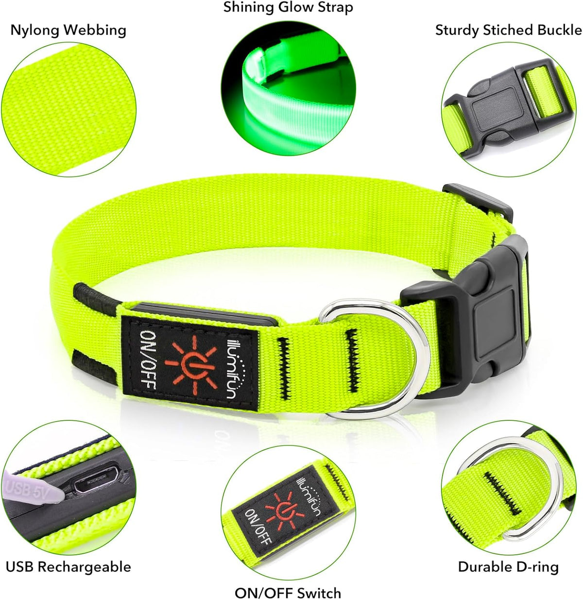 LED Dog Collar, Rechargeable Glow in the Dark Safety Collar for Night Walking