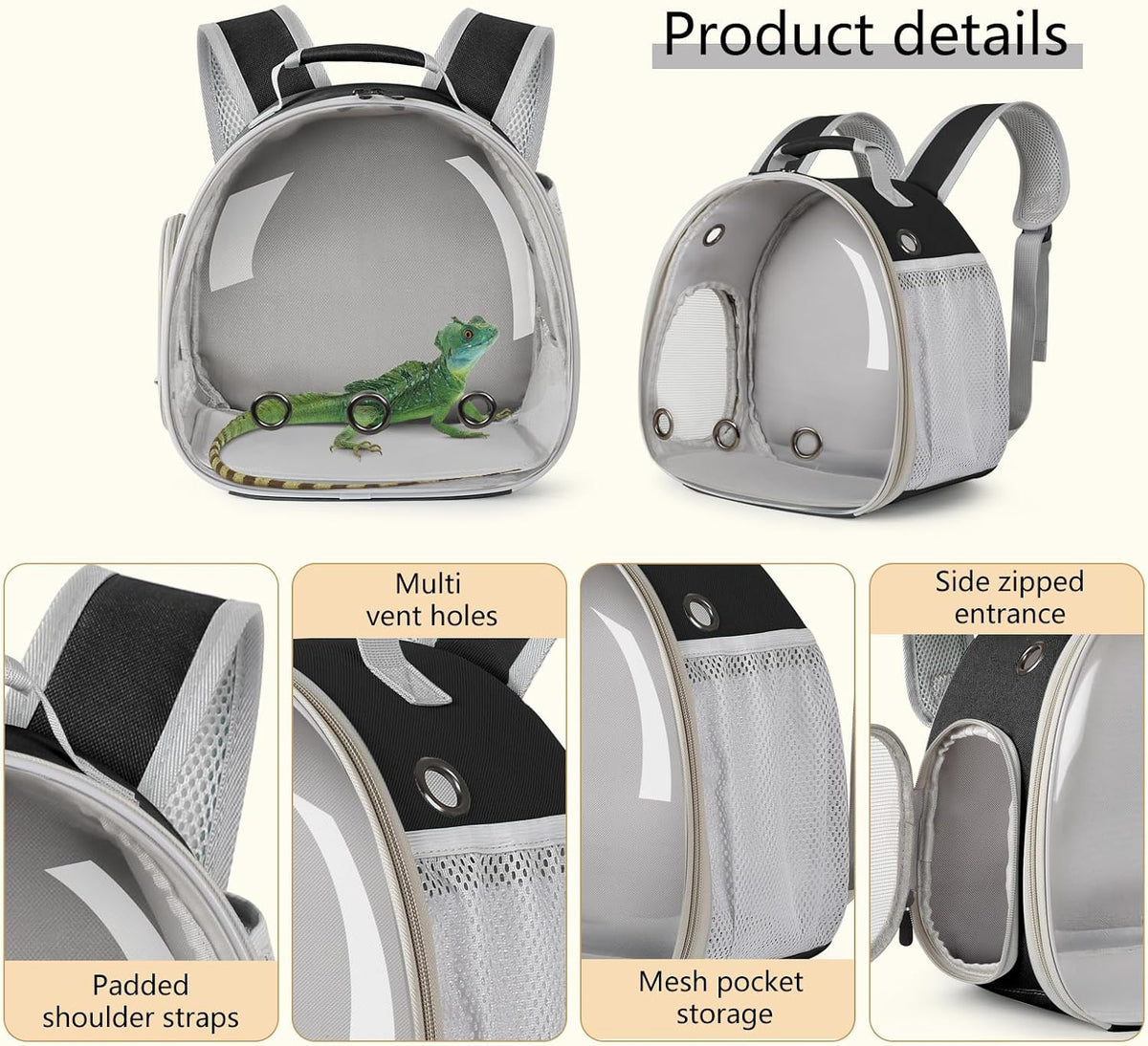 Bearded Dragon Carrier Backpack with Security Printing Harness Leash Set, Reptile Lizard Space Capsule Astronaut Clear Bubble Window Travel Carrier for Small Animal Guinea Pig(Black, Security Harness)