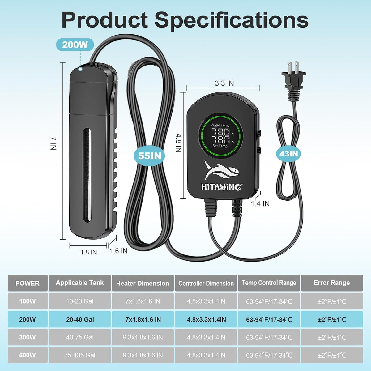 Aquarium Heater, 100W/200W/300W/500W Fish Tank Heater with Upgraded LED Large Display, Up/Down Control Buttons and Intelligent Leaving Water Automatic Power-Off for Saltwater and Freshwater