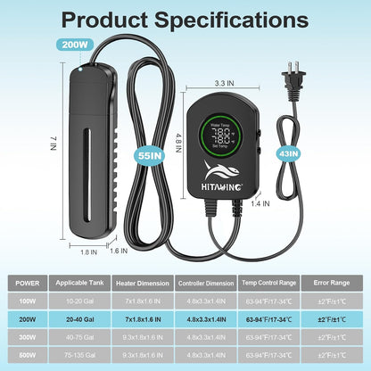 Aquarium Heater, 100W/200W/300W/500W Fish Tank Heater with Upgraded LED Large Display, Up/Down Control Buttons and Intelligent Leaving Water Automatic Power-Off for Saltwater and Freshwater