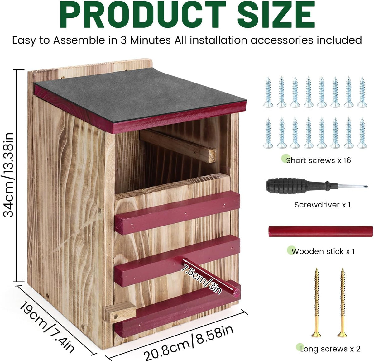 Wood Owl House, Waterproof Owl Nesting Box, Bird Houses for outside with Mounting Screws, Wooden Opening Owls Box for Barn, Screech Owls, Backyard Birding Supplies (Red, 8.5 X 7.4 X 13IN)