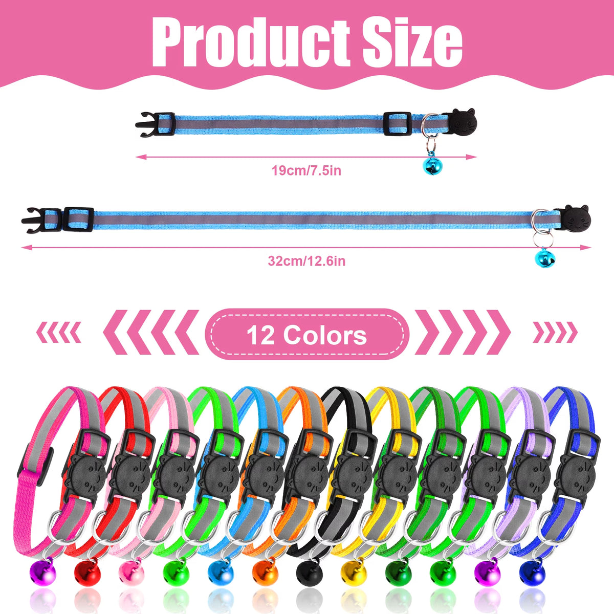 Upgraded Version - 12 Pack Reflective Cat Collar with Bell, Solid & Safe Collars for Cats, Nylon, Mixed Colors, Safety Buckle Kitten Collar, Breakaway Cat Collar for Girl Cats Male Cats