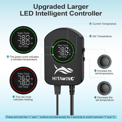 Aquarium Heater, 100W/200W/300W/500W Fish Tank Heater with Upgraded LED Large Display, Up/Down Control Buttons and Intelligent Leaving Water Automatic Power-Off for Saltwater and Freshwater