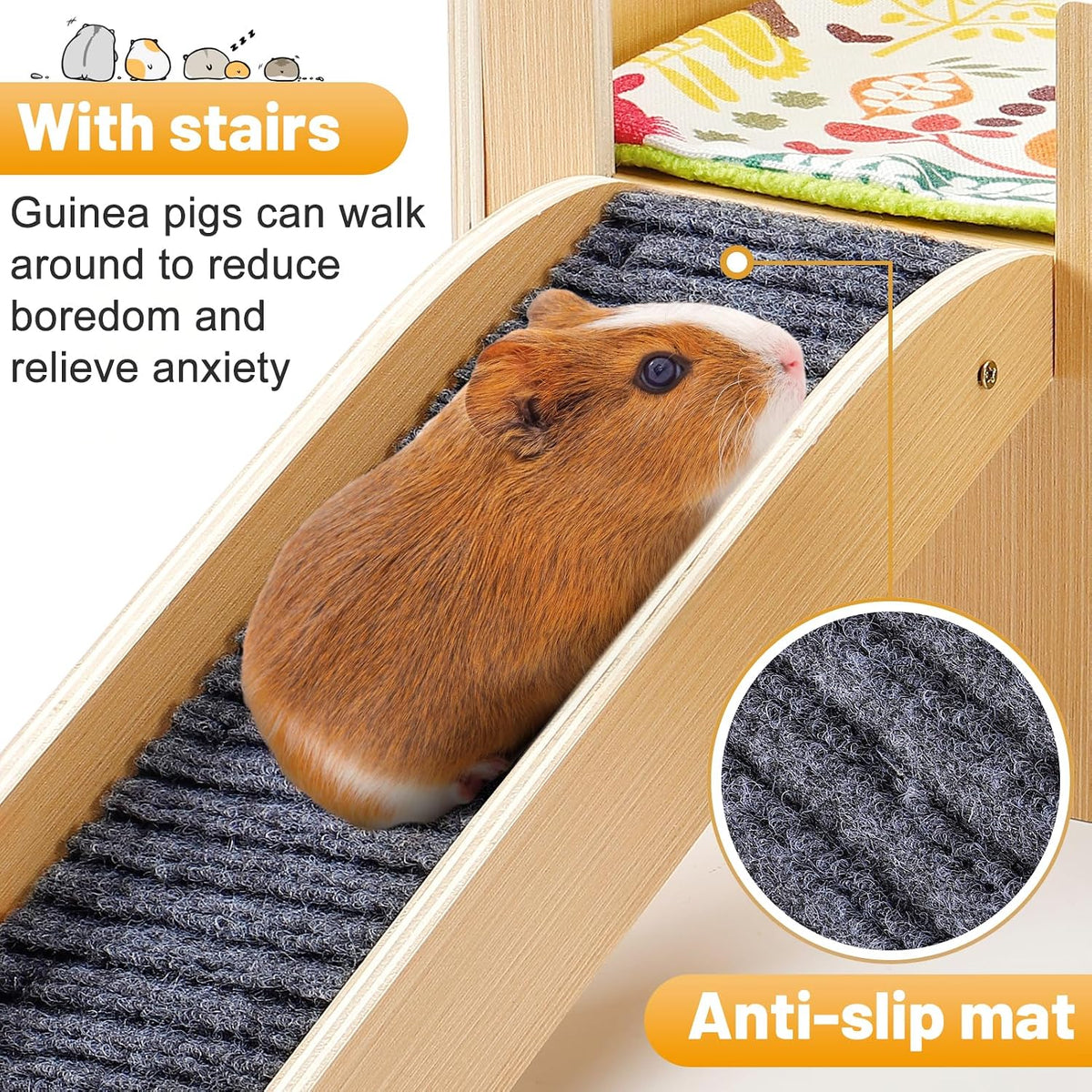 Upgraded Sturdy Wooden Guinea Pig Castle with Stairs & Mat