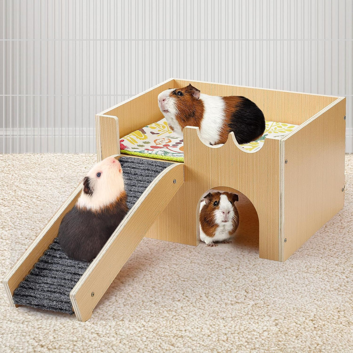 Upgraded Sturdy Wooden Guinea Pig Castle with Stairs & Mat