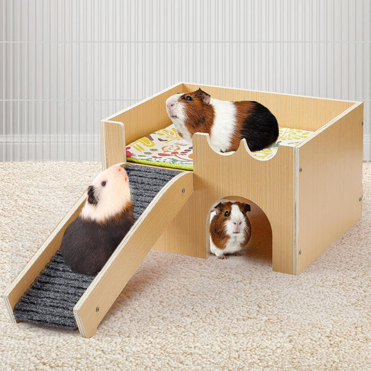 Upgraded Sturdy Wooden Guinea Pig Castle with Stairs & Mat