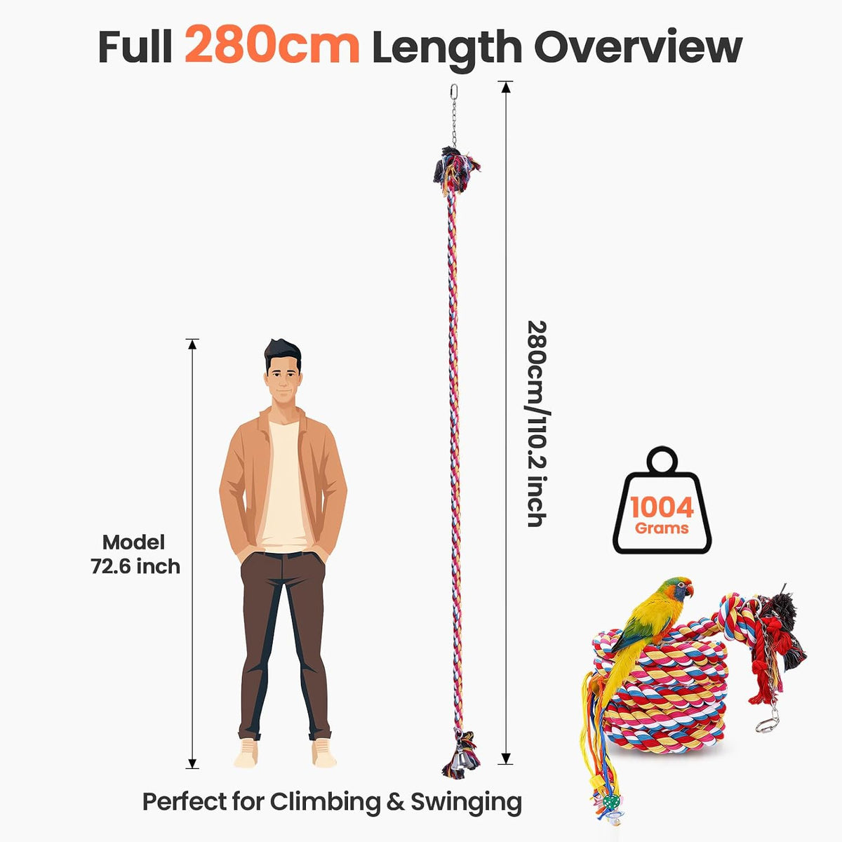 110" Ultra Long Bird Rope Perch Toys for Macaws. Heavy Duty Climbing Swing