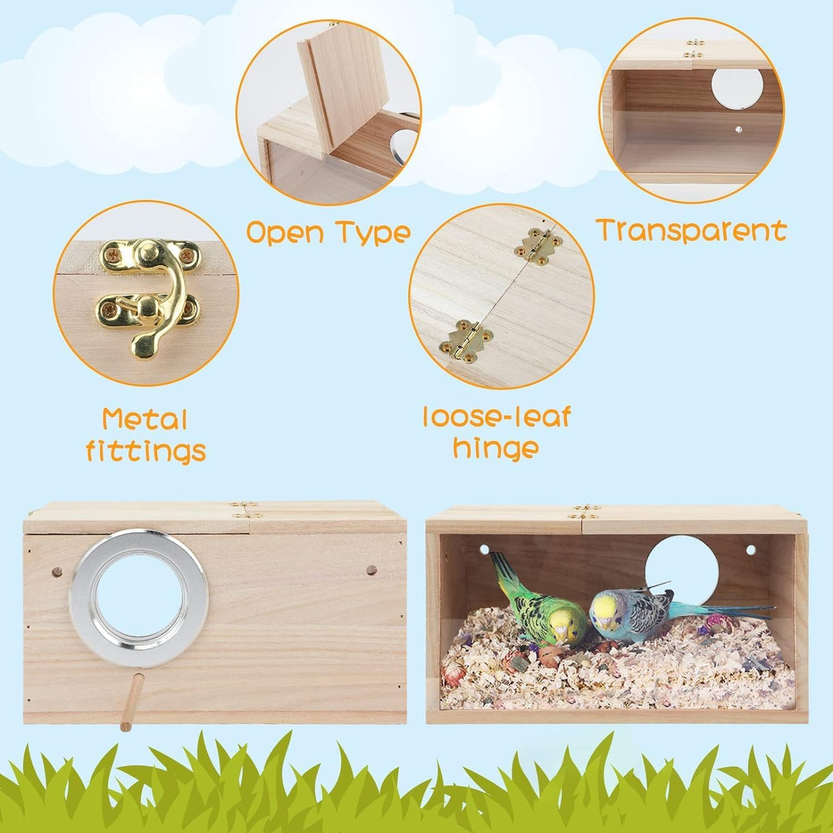 Natural Wood Nesting Box for Parakeet Birds Transparent Design Breeding Box with Perch Wood Bird Cage House for Cockatiel Lovebirds Budgie Finch Parrotlets Canary (Large)