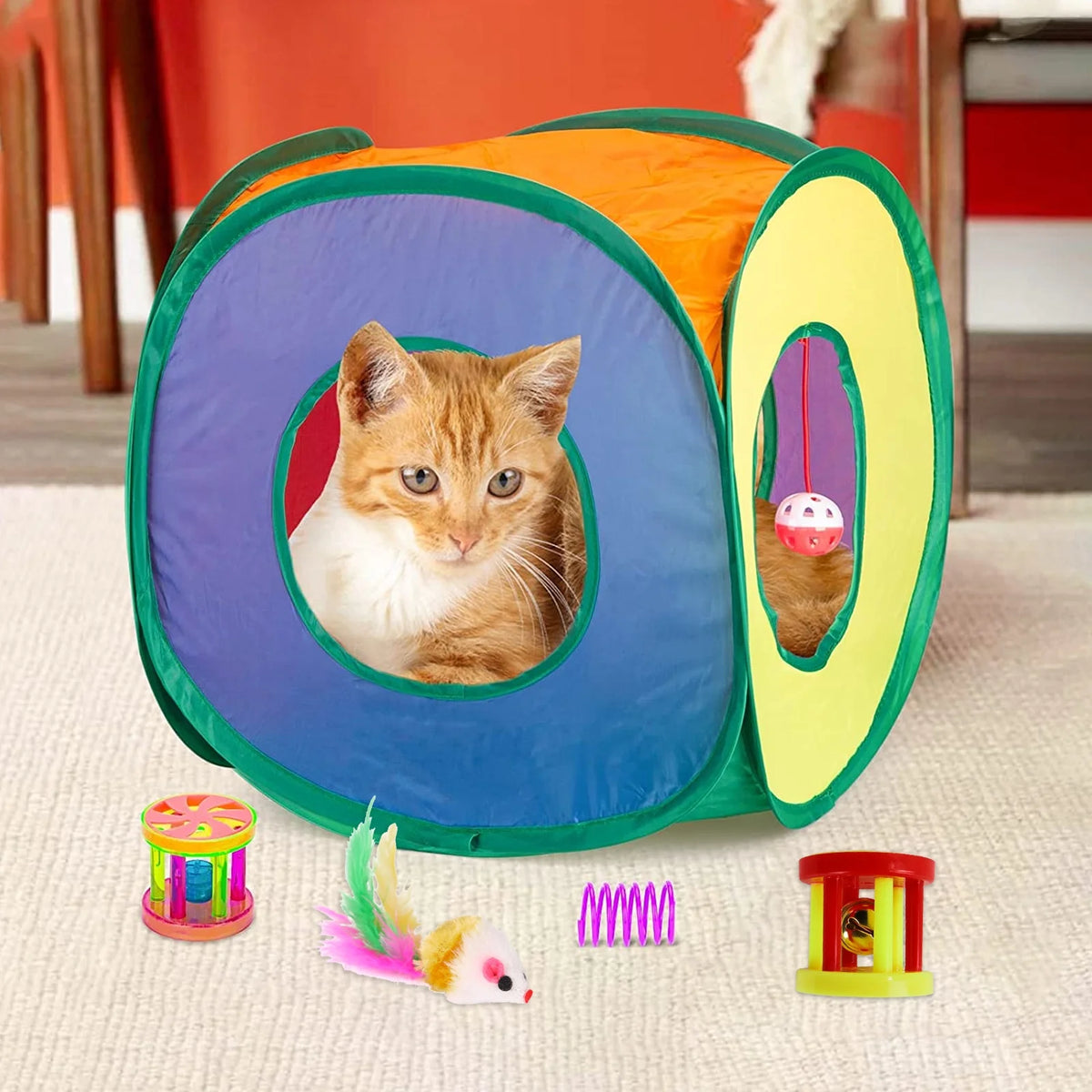15PCS Cat Toys Kitten Toys Combination Tunnel Interactive Cat Toys Cat Tunnel Tease Cat Stick Colorful Mouse Plush Ball Bell Ball for Cats