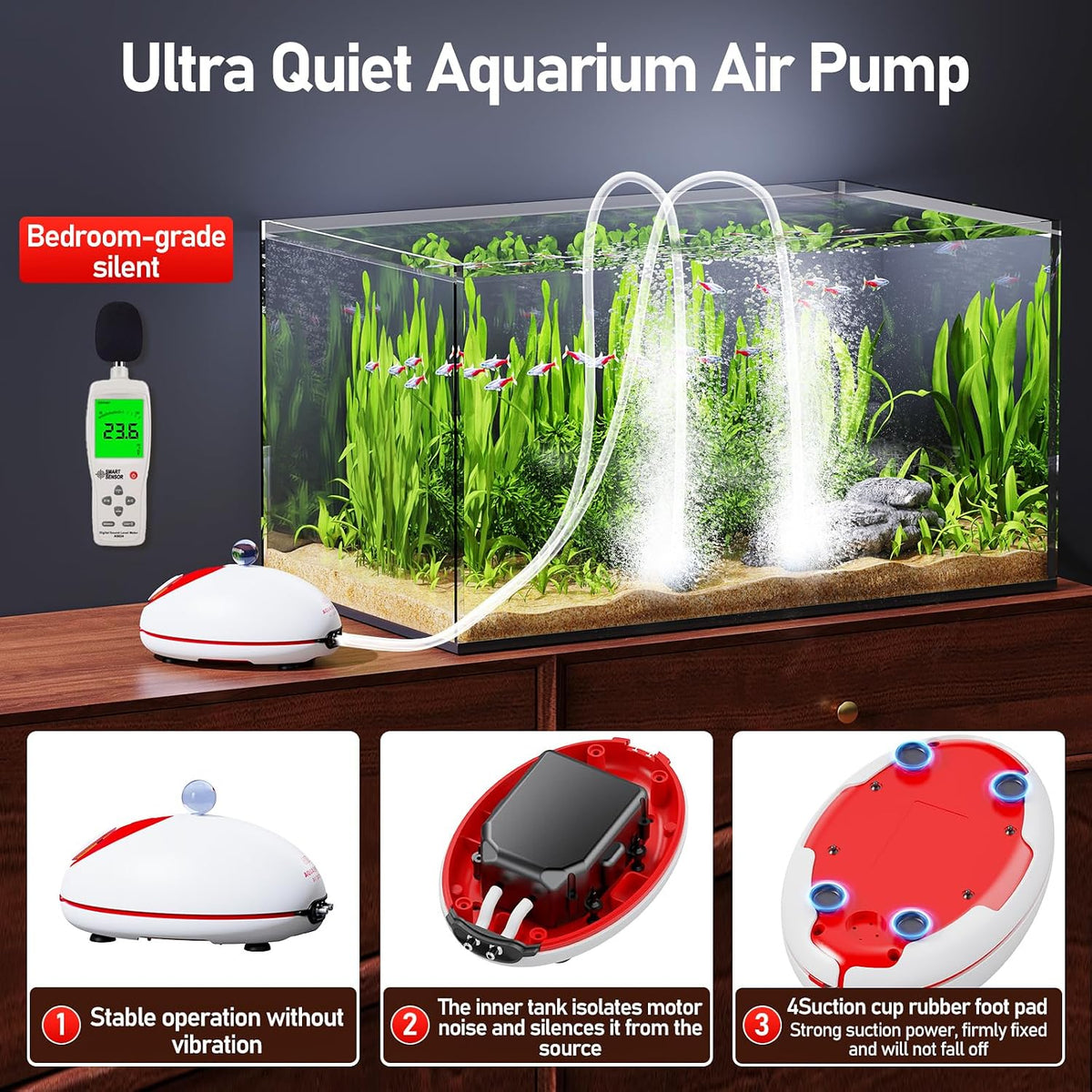 No-Hum Whisper-Quiet Aquarium Air Pump,＜25Db Adjustable Airflow