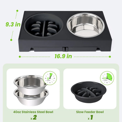 Elevated Dog Bowls - 5 Adjustable Heights Stand, 2 Stainless Steel Bowls & 1 Slow Feeder, 3.2" to 12.2" for Small to Large Dogs, Black