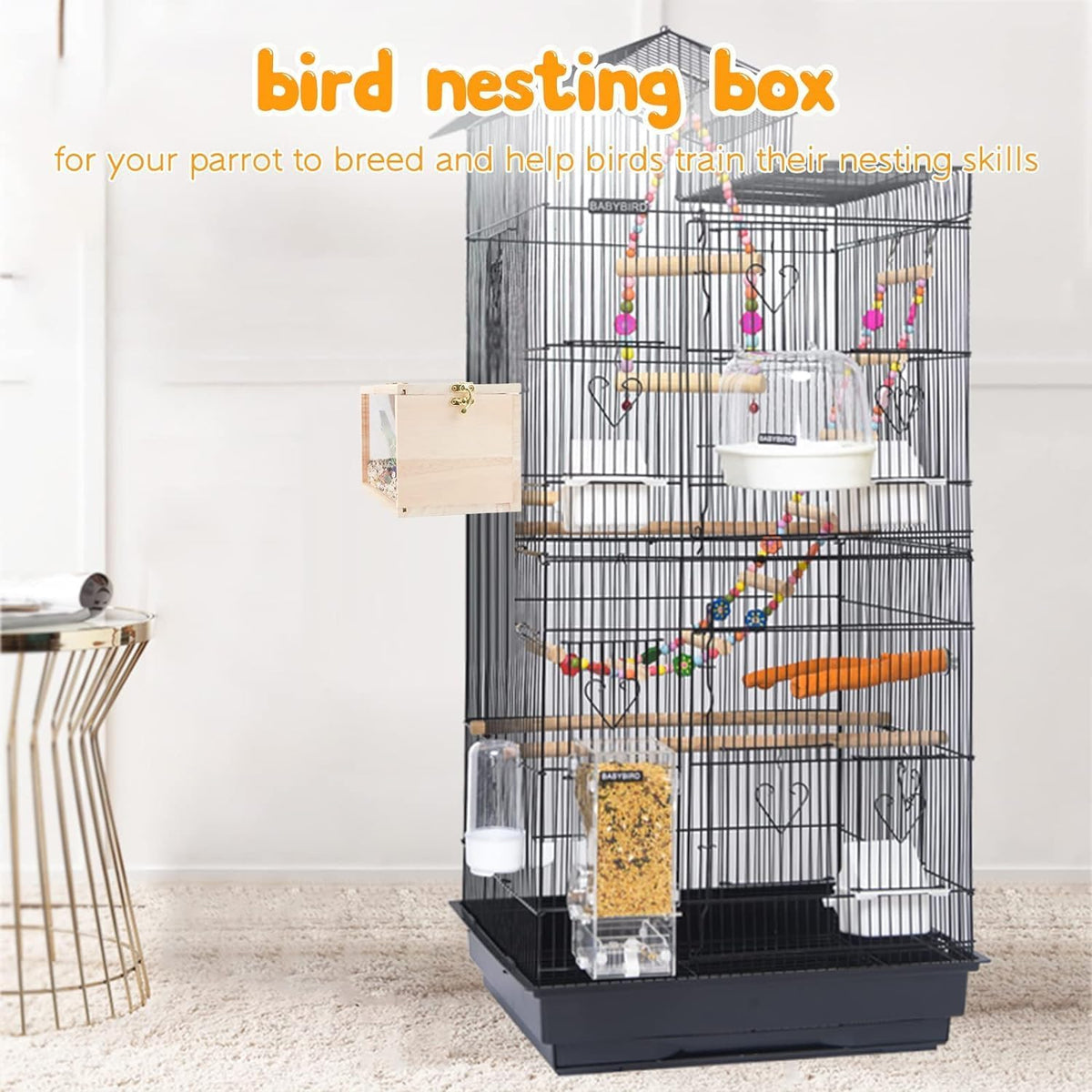 Natural Wood Nesting Box for Parakeet Birds Transparent Design Breeding Box with Perch Wood Bird Cage House for Cockatiel Lovebirds Budgie Finch Parrotlets Canary (Large)