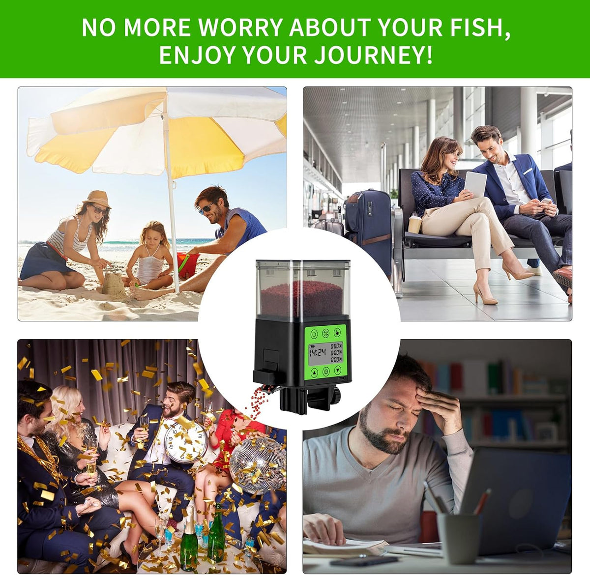 Automatic Fish Feeder for Aquarium with Timer, LCD Display 320ML Large Capacity Adjustable Fish Dispenser, Operated Feeders for Goldfish, Turtle for Vacation, Weekend or Daily Use(Green)
