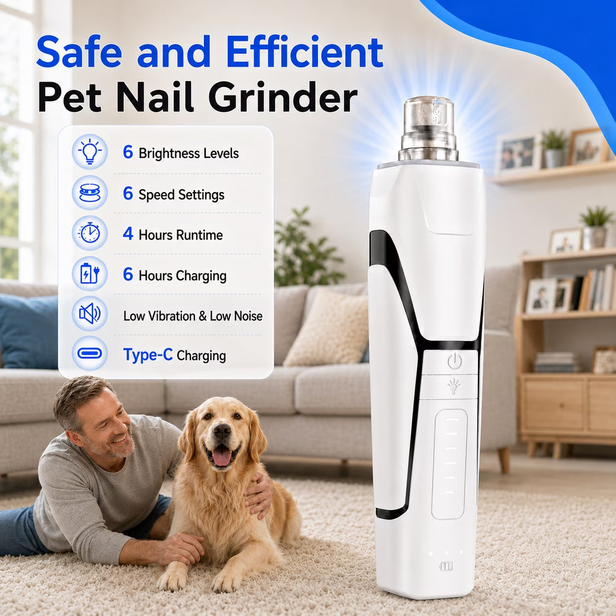 Dog Nail Grinder, 360° LED Light, 6-Speed, Quiet Electric Pet Nail Trimmer with 4 Grinding Ports for Small, Medium and Large Dogs & Cats