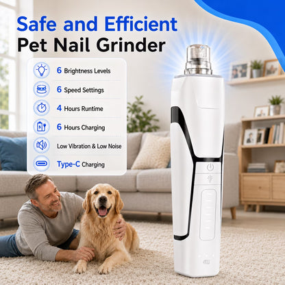 Dog Nail Grinder, 360° LED Light, 6-Speed, Quiet Electric Pet Nail Trimmer with 4 Grinding Ports for Small, Medium and Large Dogs & Cats