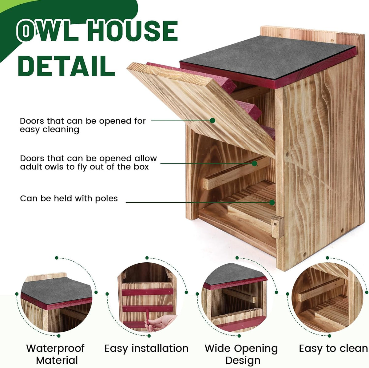 Wood Owl House, Waterproof Owl Nesting Box, Bird Houses for outside with Mounting Screws, Wooden Opening Owls Box for Barn, Screech Owls, Backyard Birding Supplies (Red, 8.5 X 7.4 X 13IN)