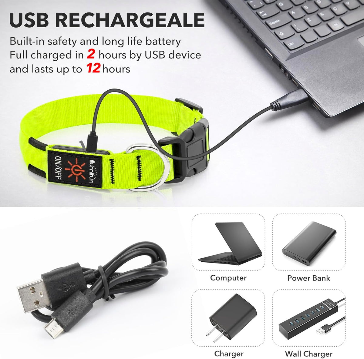 LED Dog Collar, Rechargeable Glow in the Dark Safety Collar for Night Walking